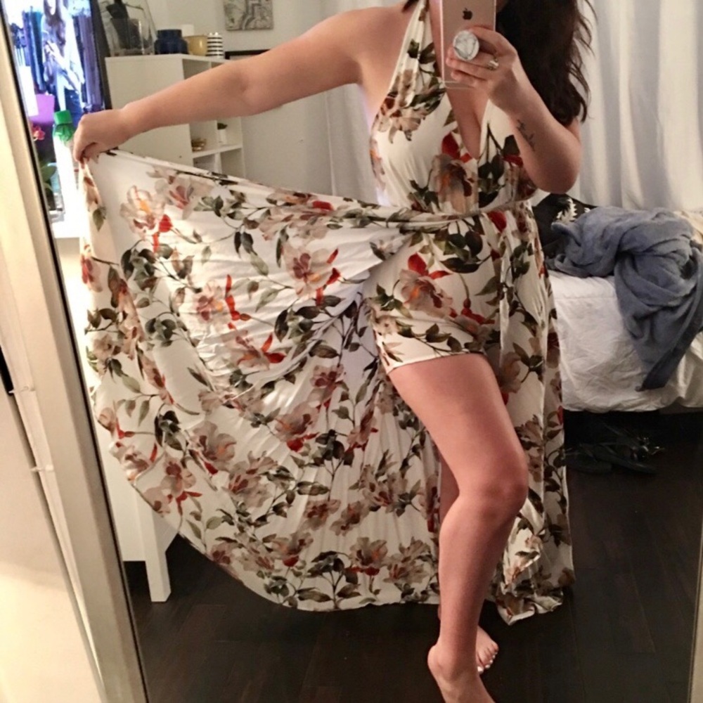 Tropical halter, low back, romper dress